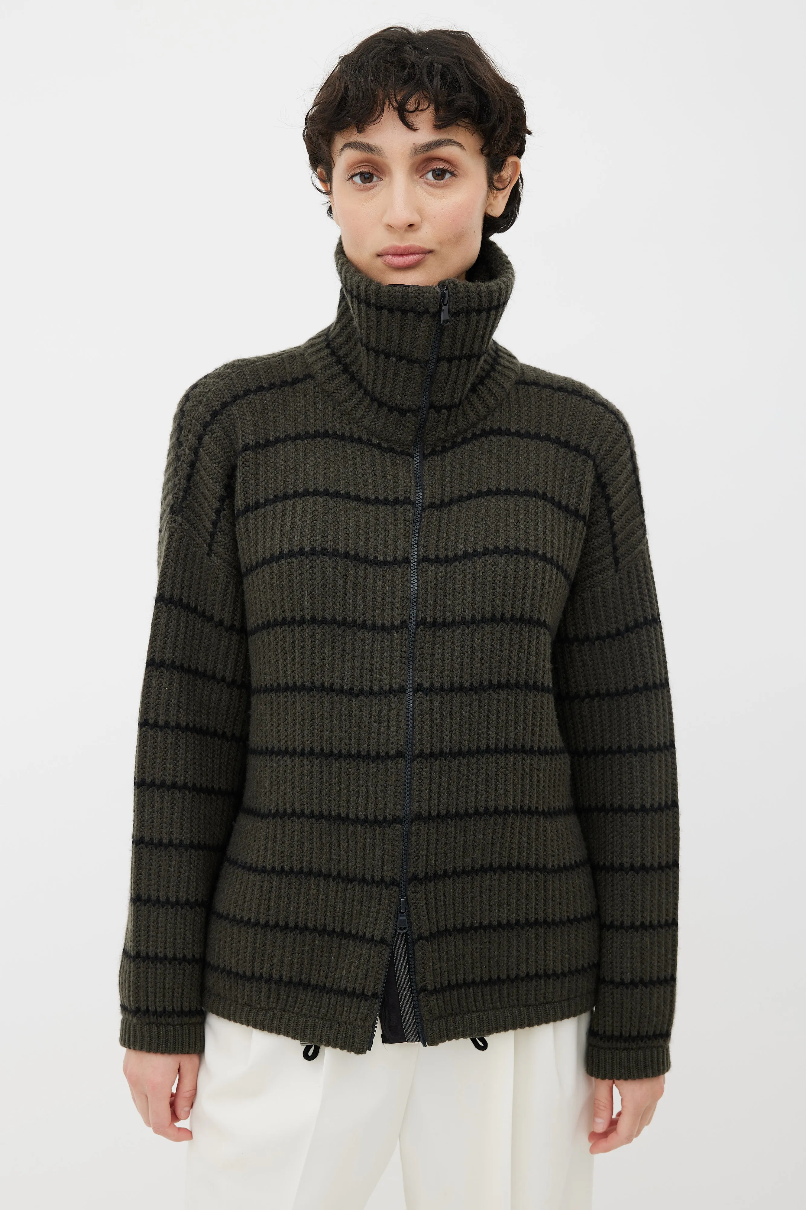 Green & Black Cashmere Stripe Zip Up Sweater