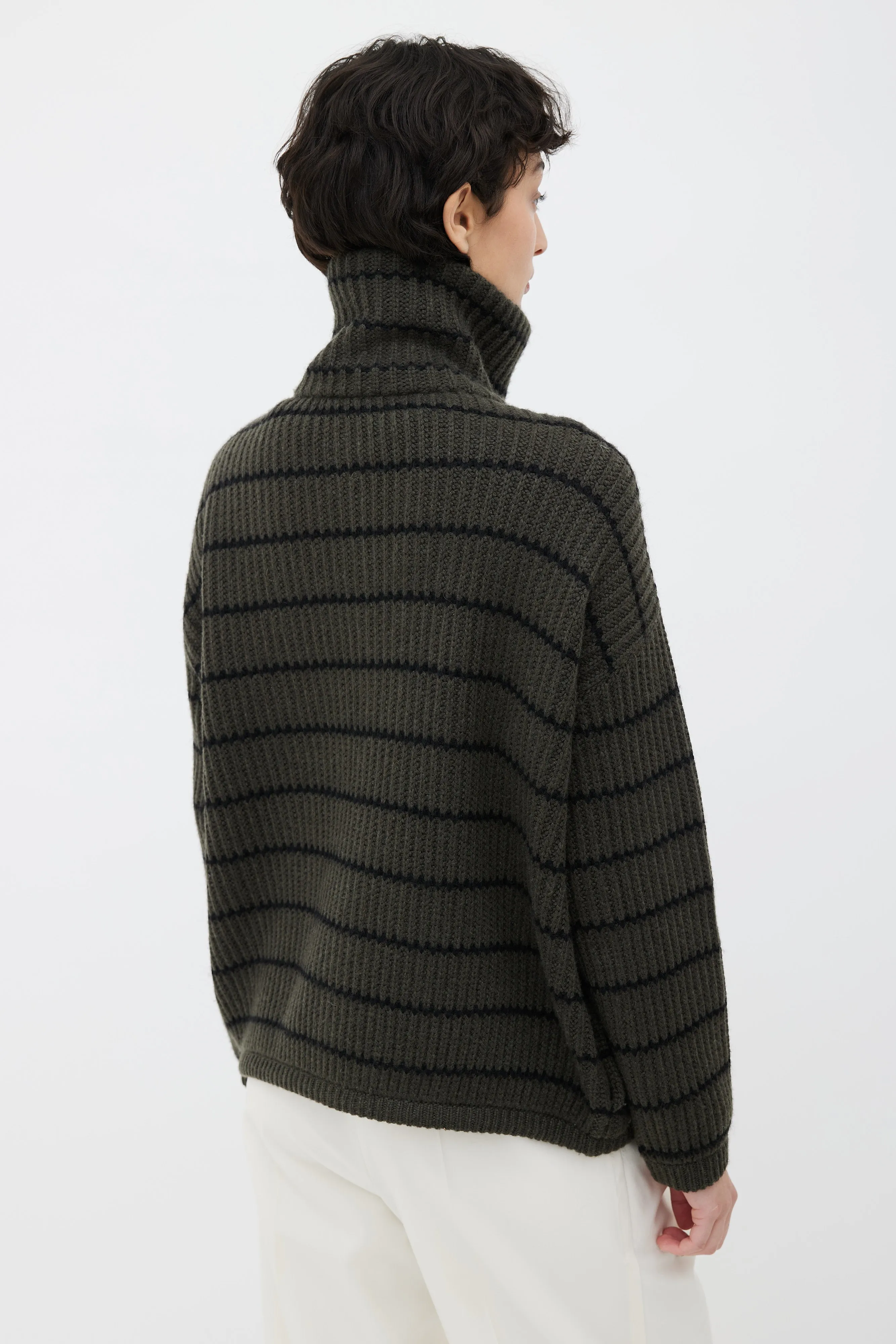 Green & Black Cashmere Stripe Zip Up Sweater