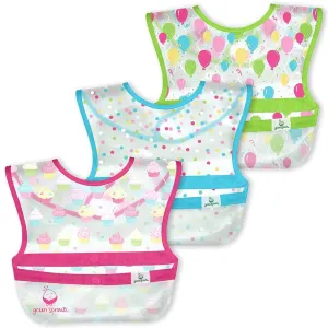 green sprouts Snap   Go Wipe-Off Bibs, Waterproof, Easy Clean, Catch-All Pocket, Made Without PVC, Formaldehyde, Pink Cupcakes, 9-18 Month, 3 Count