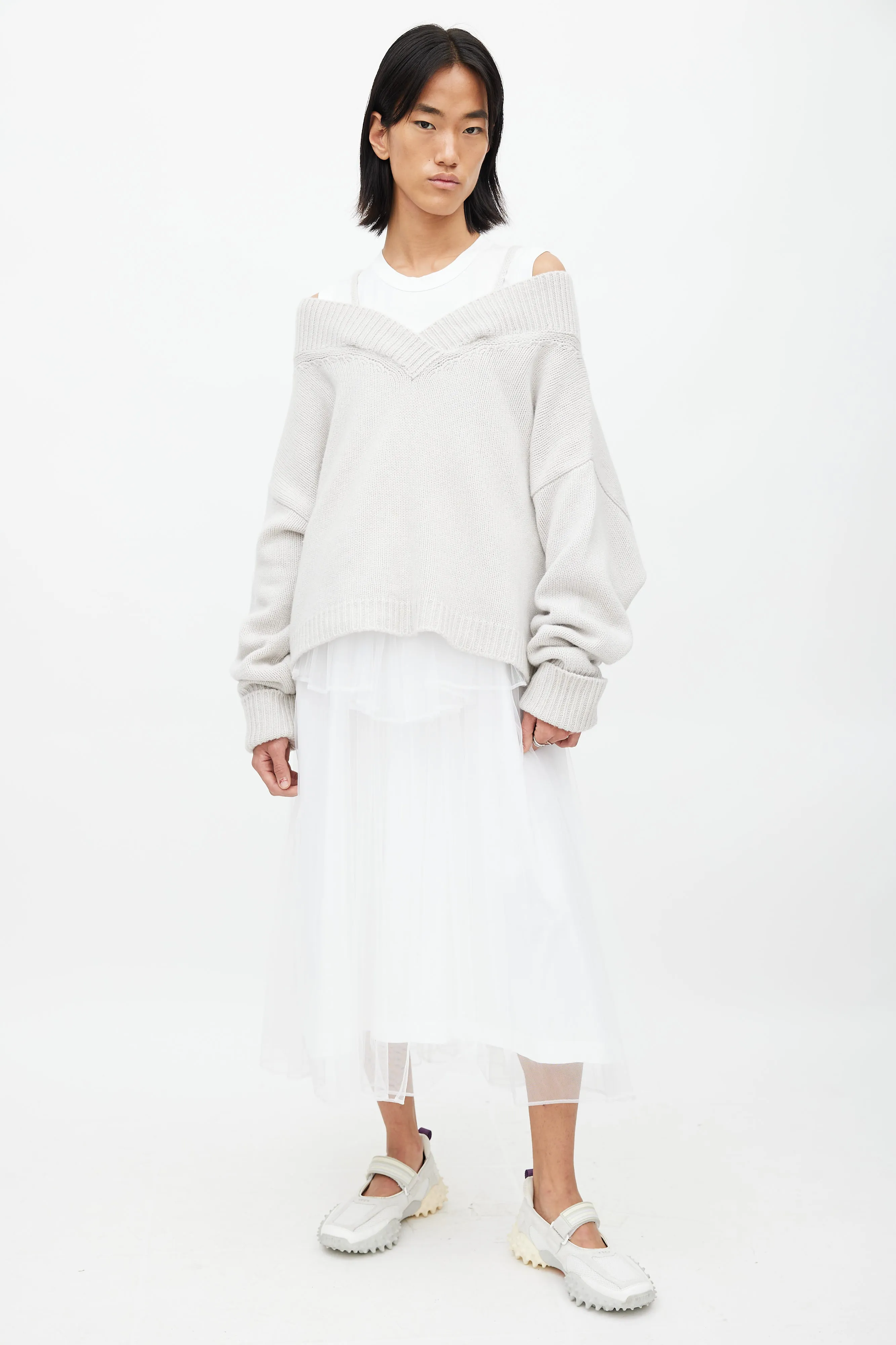 Grey Knit Off Shoulder Sweater