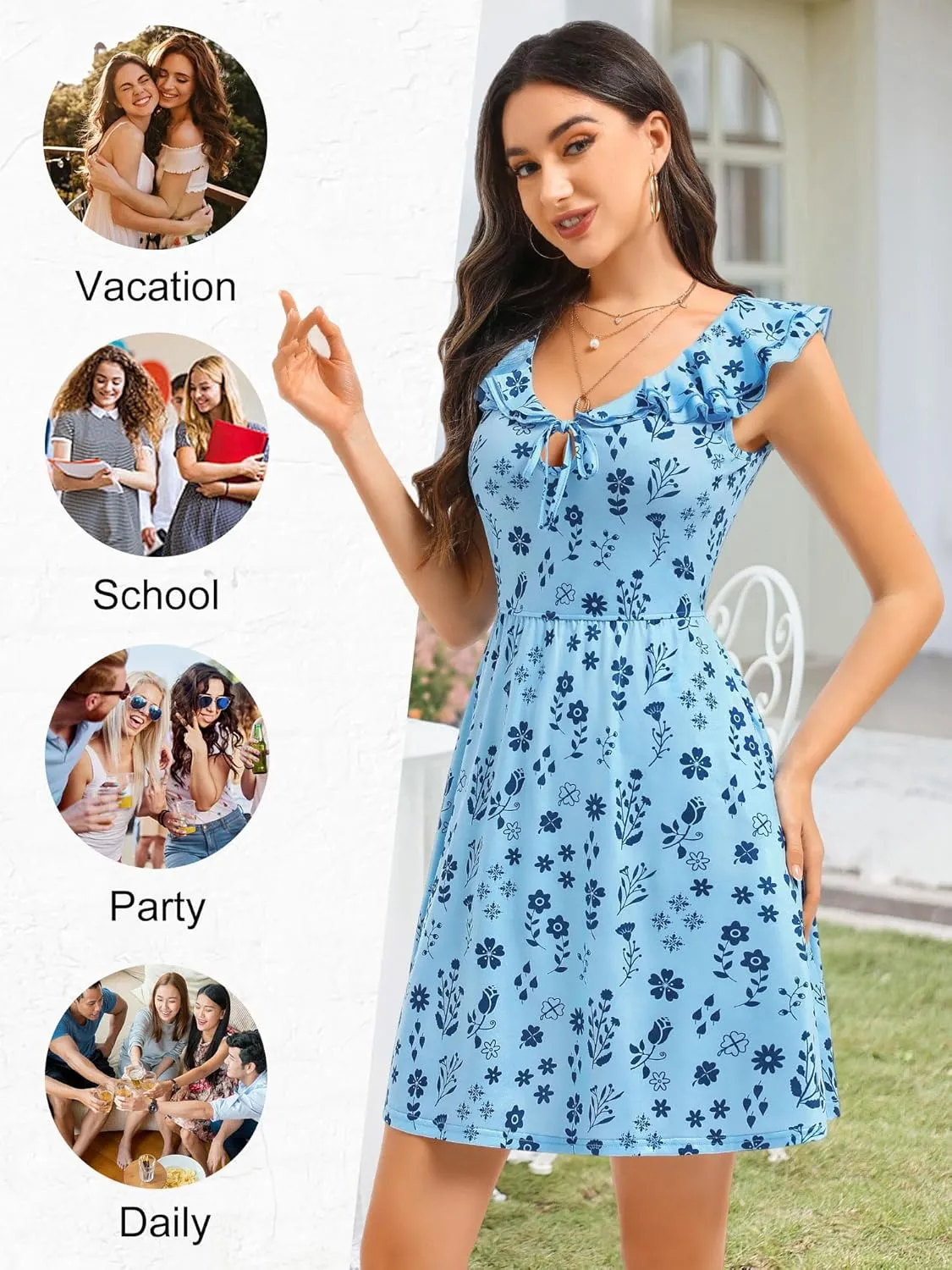GUBERRY Womens Summer Dresses 2025 Ruffle V Neck Tie Front Floral Sundresses Cute Mini Teen Dress with Pockets