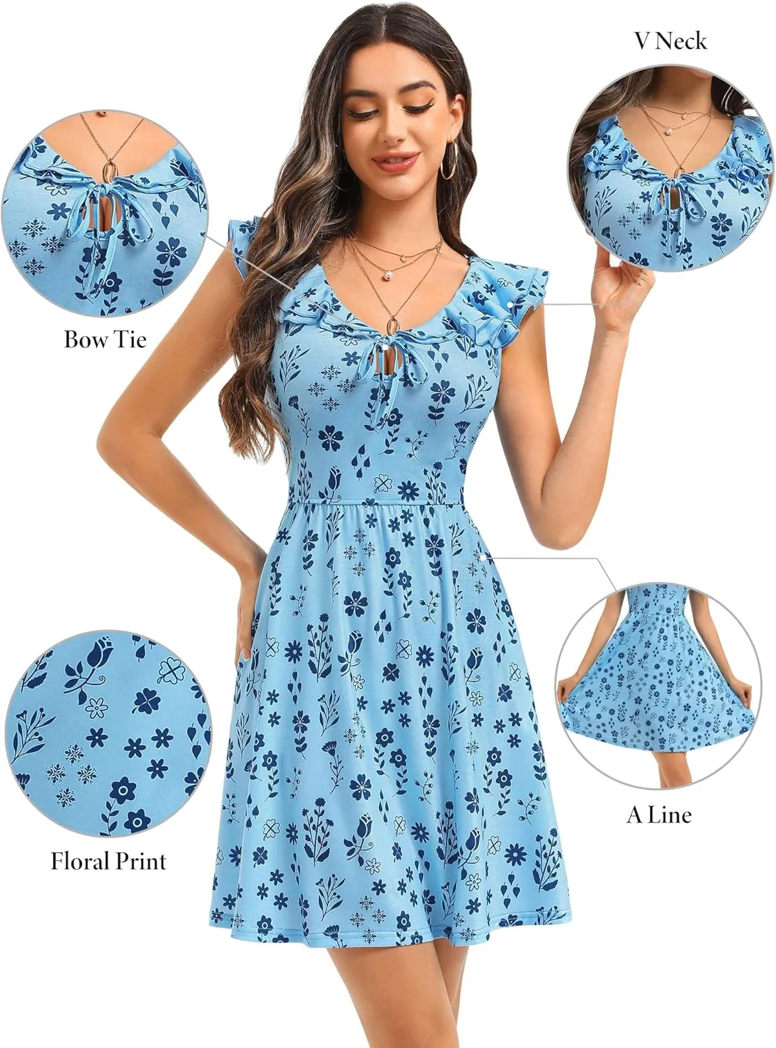 GUBERRY Womens Summer Dresses 2025 Ruffle V Neck Tie Front Floral Sundresses Cute Mini Teen Dress with Pockets