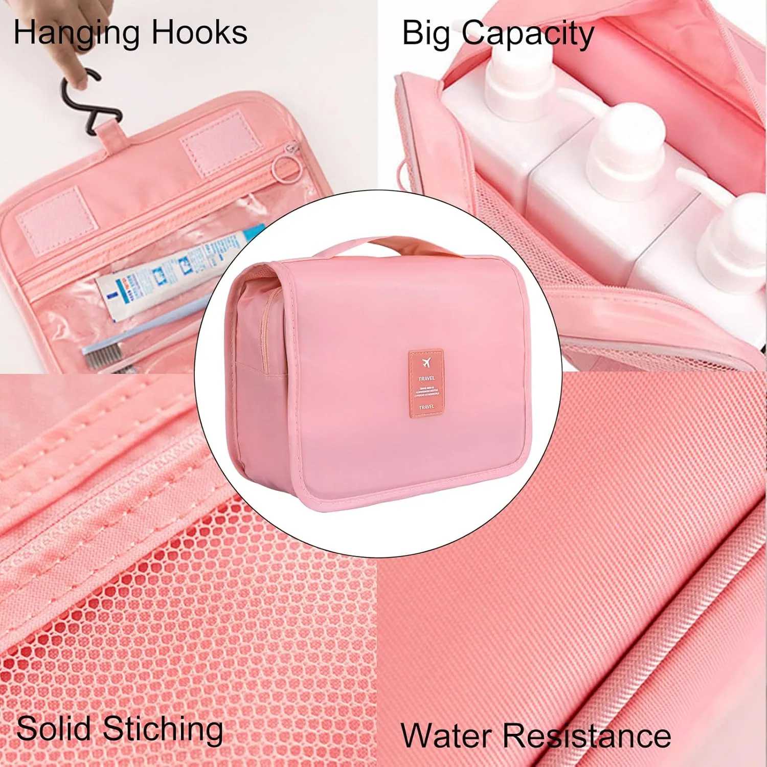 Hanging Travel Toiletry Bag for Women, Hanging Toiletry Bag with Multi-Pockets, Toiletry Bag for Traveling Easy Clean, Travel Organizer Pink