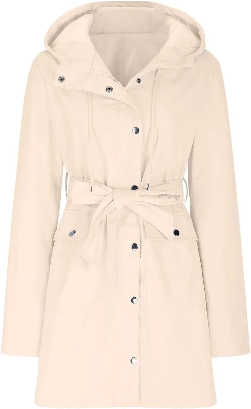 HGps8w Women's Raincoat Belted Waist Waterproof Hooded Trench Coats Lightweight Outdoor Windbreaker Long Travel Jackets