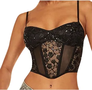 HGps8w Womens Spaghetti Strap Embroidery Bustier Corsets Punk Sexy Push Up Lingerie Slim Fit Cute Going Out Crop Tops