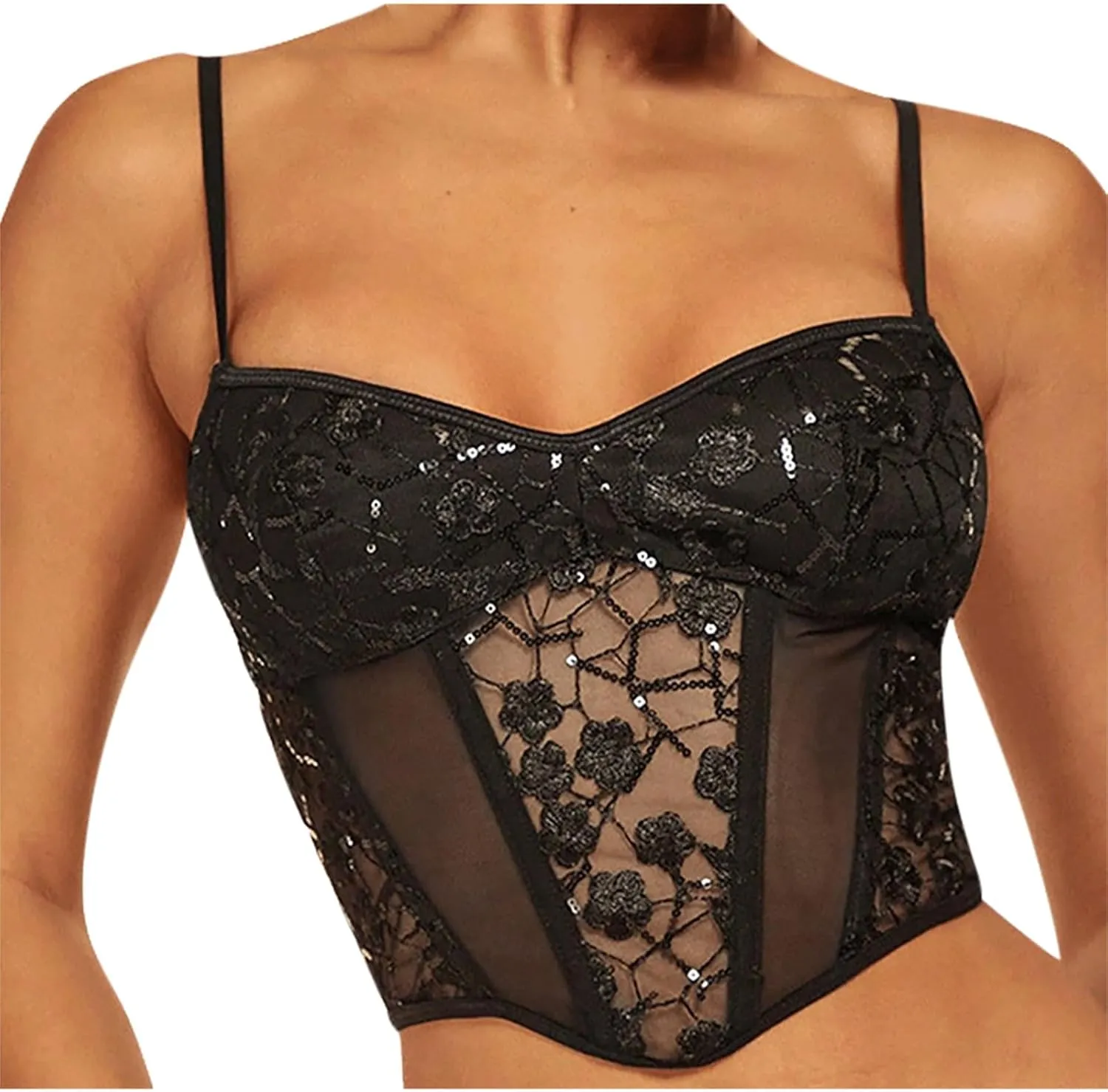 HGps8w Womens Spaghetti Strap Embroidery Bustier Corsets Punk Sexy Push Up Lingerie Slim Fit Cute Going Out Crop Tops