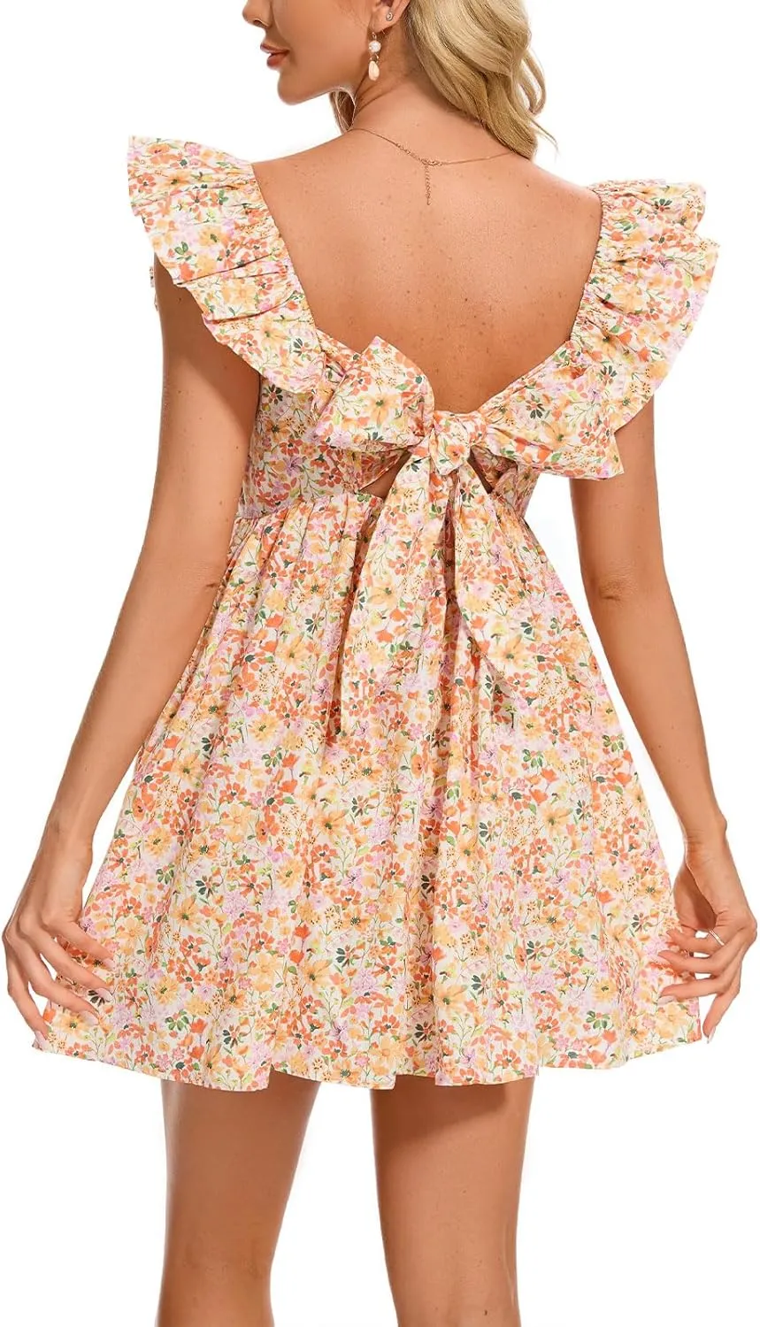 hibshaby Women's Floral Mini Dress V Neck Puff Sleeve Dress Short Babydoll Dress Sun Dress