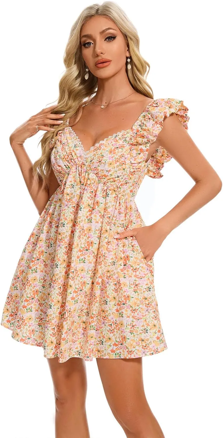 hibshaby Women's Floral Mini Dress V Neck Puff Sleeve Dress Short Babydoll Dress Sun Dress