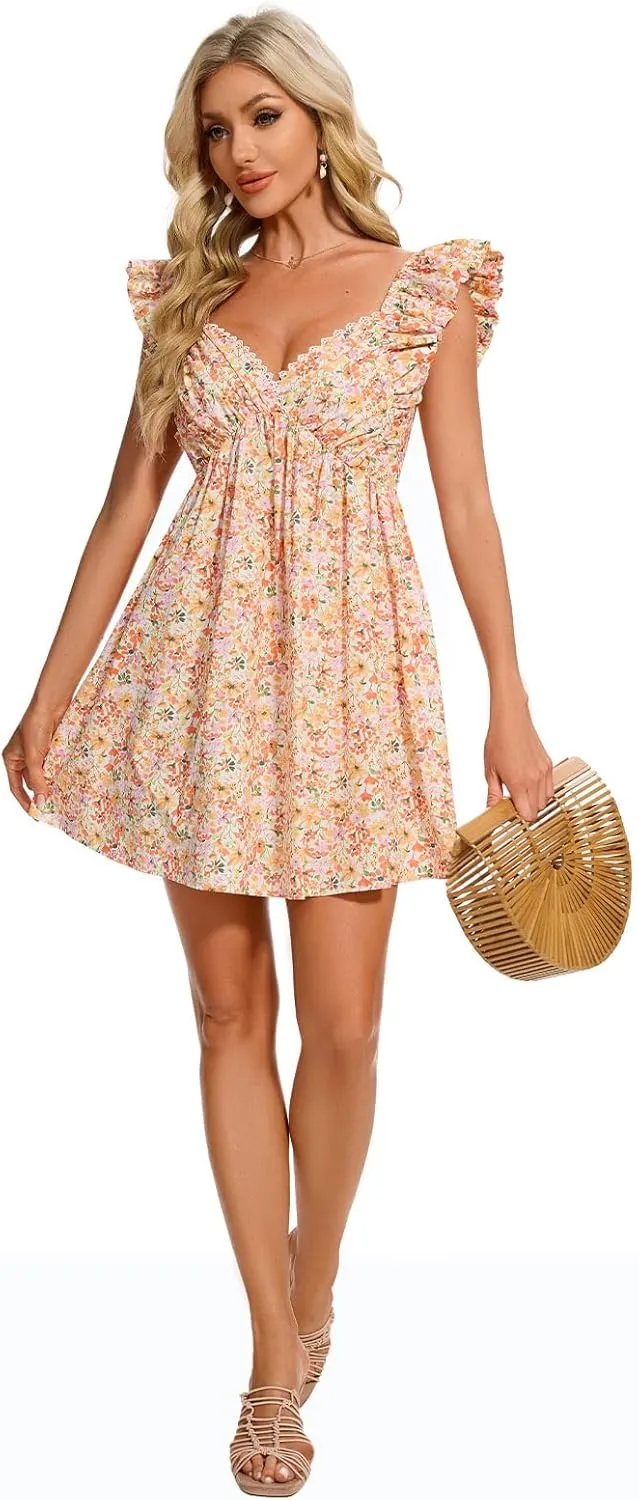 hibshaby Women's Floral Mini Dress V Neck Puff Sleeve Dress Short Babydoll Dress Sun Dress