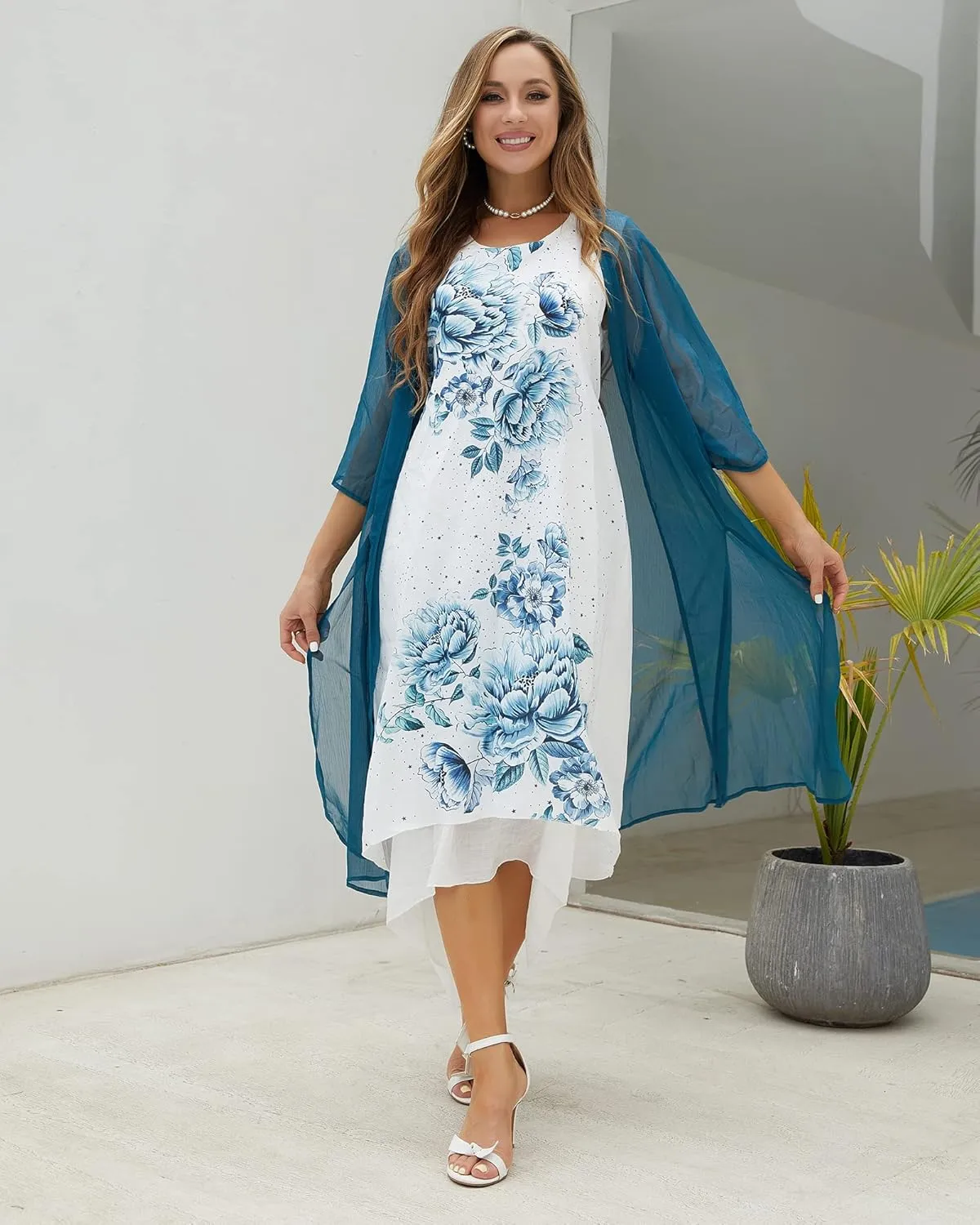 Honwenle Women's Linen Dress 2 Piece Outfit Floral Sleeveless Loose Maxi Summer Dresses with Jacket Formal Casual