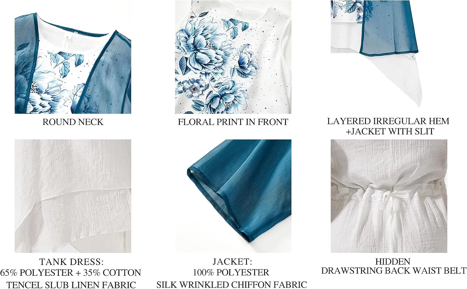 Honwenle Women's Linen Dress 2 Piece Outfit Floral Sleeveless Loose Maxi Summer Dresses with Jacket Formal Casual