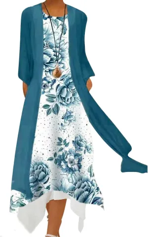 Honwenle Women's Linen Dress 2 Piece Outfit Floral Sleeveless Loose Maxi Summer Dresses with Jacket Formal Casual