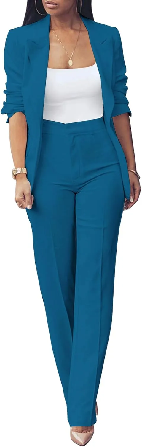 HuiSiFang Womens Fall Fashion 2 Piece Blazer Sets Open Front Blazers and Slim Fit Pants Suits Set