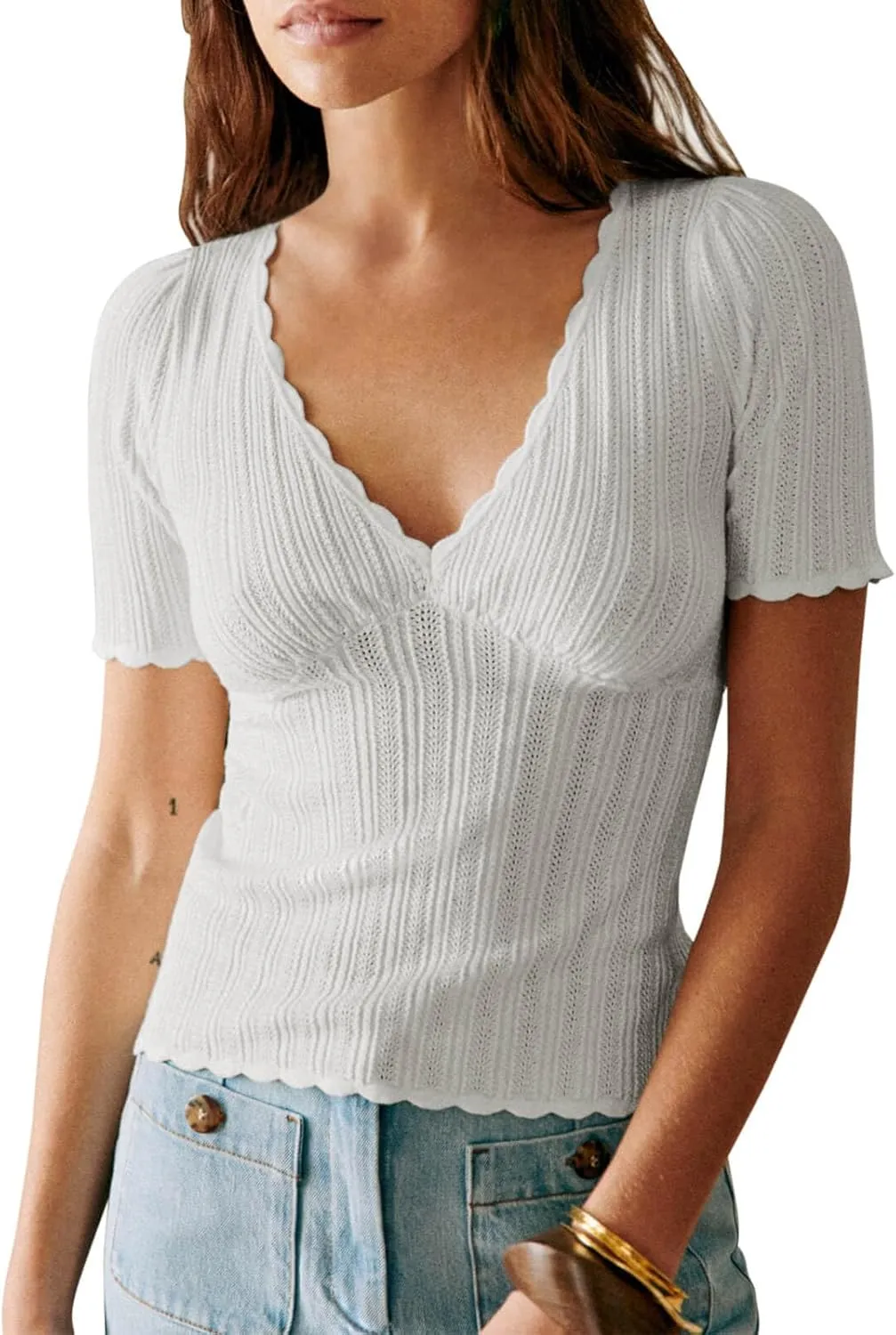 Imily Bela Womens Short Sleeve Sweaters Summer Casual V Neck Slim Fit Knit Lightweight Pullover Tops
