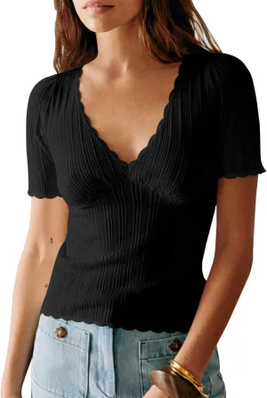 Imily Bela Womens Short Sleeve Sweaters Summer Casual V Neck Slim Fit Knit Lightweight Pullover Tops