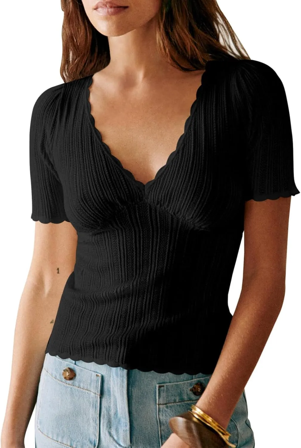 Imily Bela Womens Short Sleeve Sweaters Summer Casual V Neck Slim Fit Knit Lightweight Pullover Tops