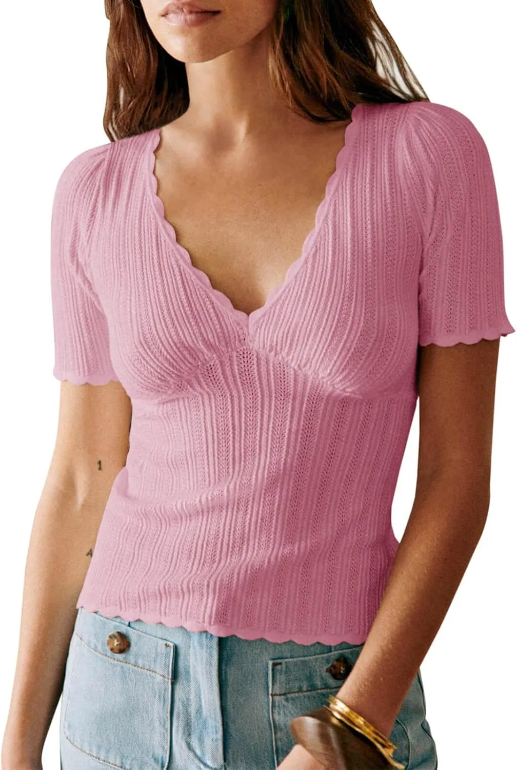 Imily Bela Womens Short Sleeve Sweaters Summer Casual V Neck Slim Fit Knit Lightweight Pullover Tops