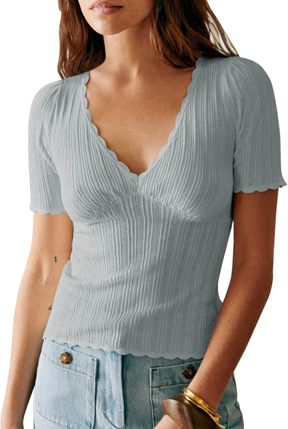 Imily Bela Womens Short Sleeve Sweaters Summer Casual V Neck Slim Fit Knit Lightweight Pullover Tops
