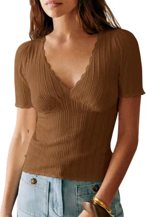 Imily Bela Womens Short Sleeve Sweaters Summer Casual V Neck Slim Fit Knit Lightweight Pullover Tops