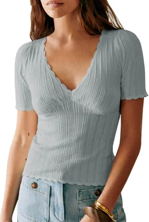 Imily Bela Womens Short Sleeve Sweaters Summer Casual V Neck Slim Fit Knit Lightweight Pullover Tops