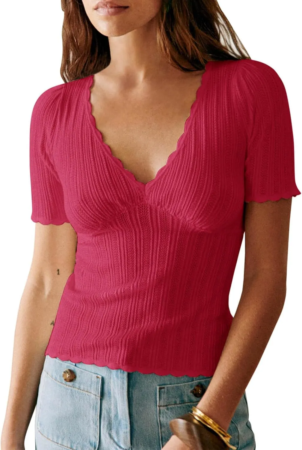 Imily Bela Womens Short Sleeve Sweaters Summer Casual V Neck Slim Fit Knit Lightweight Pullover Tops