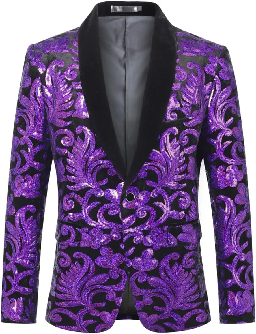 Iynnijoy Mens Velvet Sequins Blazer Shiny Sequin Tuxedo Suit Blazer Jacket for Party Wedding Banquet Prom
