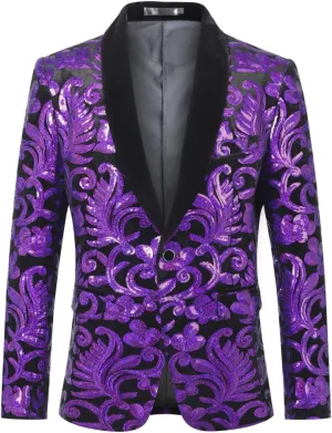 Iynnijoy Mens Velvet Sequins Blazer Shiny Sequin Tuxedo Suit Blazer Jacket for Party Wedding Banquet Prom