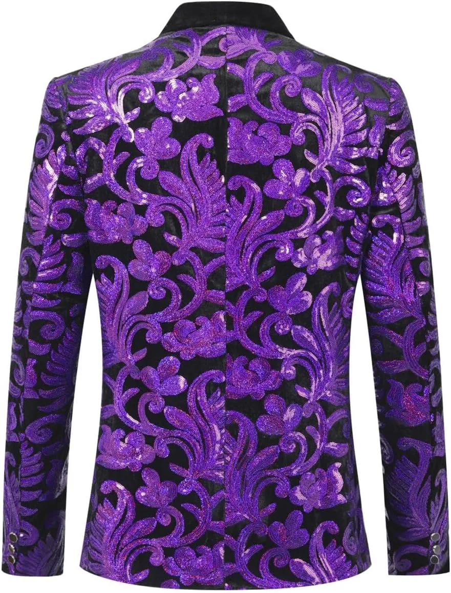 Iynnijoy Mens Velvet Sequins Blazer Shiny Sequin Tuxedo Suit Blazer Jacket for Party Wedding Banquet Prom