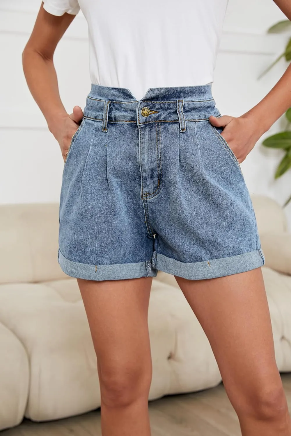 JASAMBAC Women's High Waisted Denim Shorts Rolled Hem Wide Leg Casual Jean Shorts with Pockets