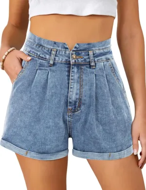 JASAMBAC Women's High Waisted Denim Shorts Rolled Hem Wide Leg Casual Jean Shorts with Pockets