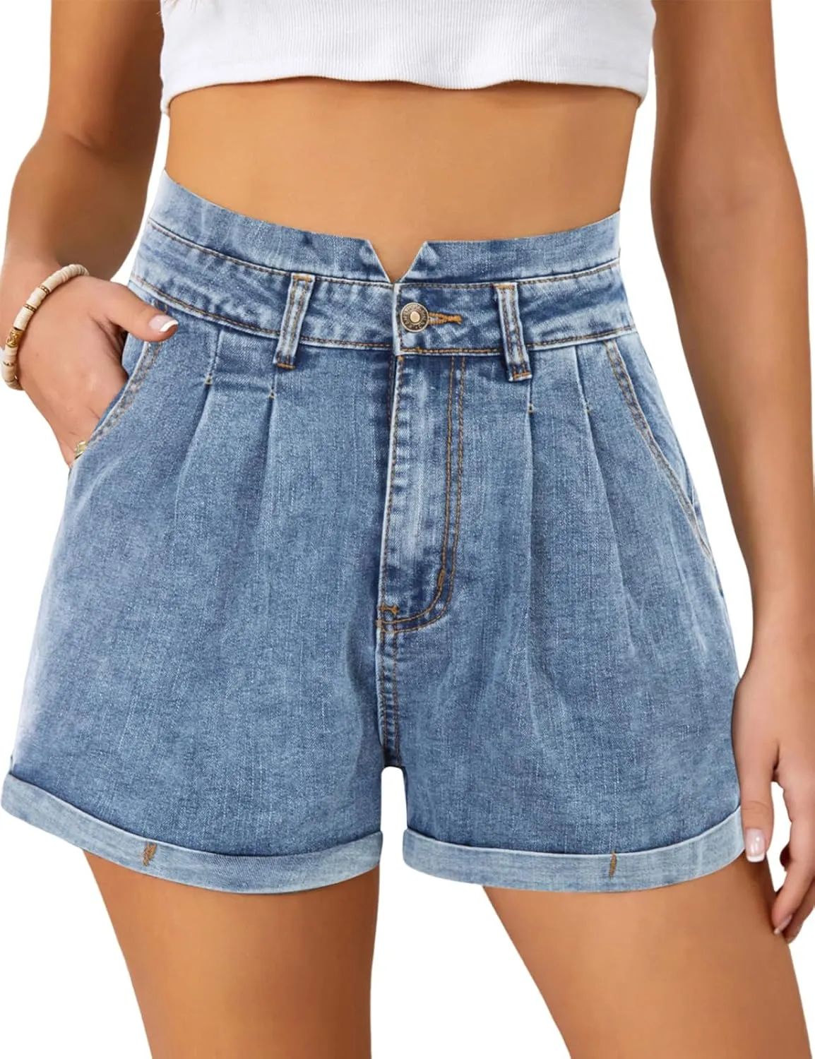 JASAMBAC Women's High Waisted Denim Shorts Rolled Hem Wide Leg Casual Jean Shorts with Pockets