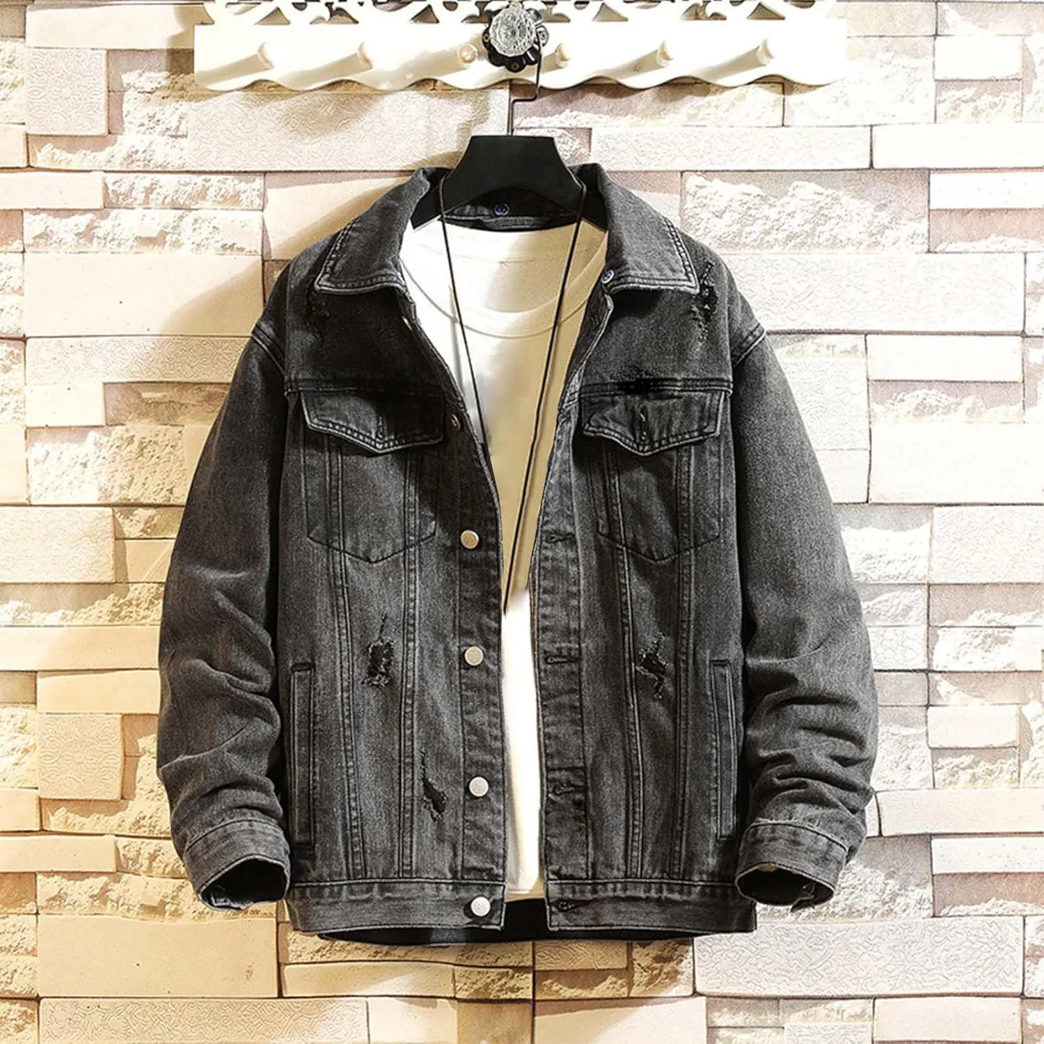 Jean Jacket for Men Fashion Denim Jacket Washed Classic Casual Distressed Ripped Slim Fit Trucker Jackets