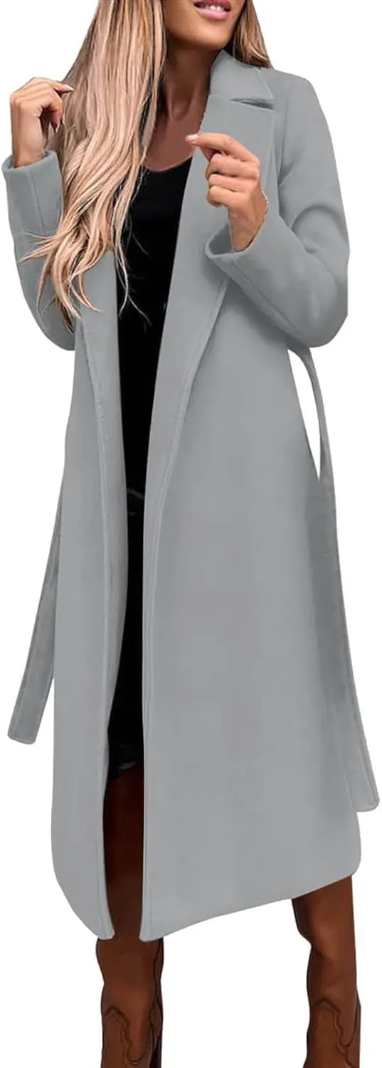 JEGULV Women Elegant Long Trench Coats Lightweight Open Front Solid Color Outwear Jackets Notched Lapel Collar Wool Pea Coats