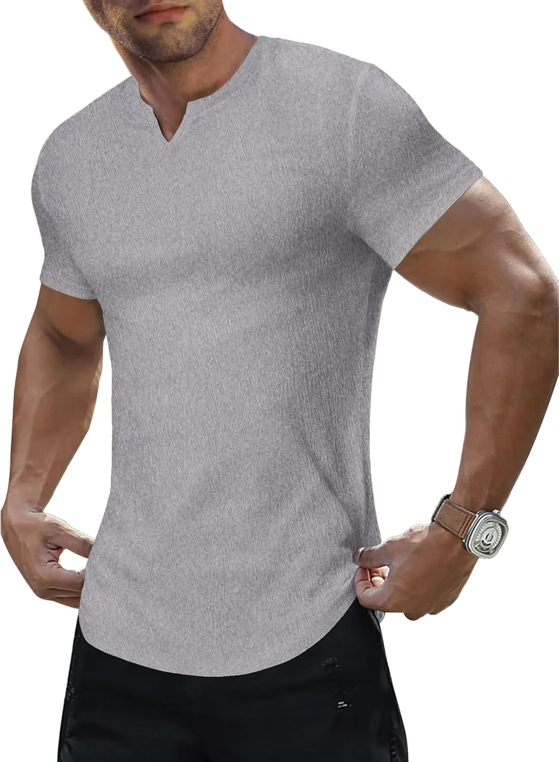 JMIERR Mens Muscle Slim T Shirt Texture V Neck Longline Henley Gym Workout Athletic Tee Shirts