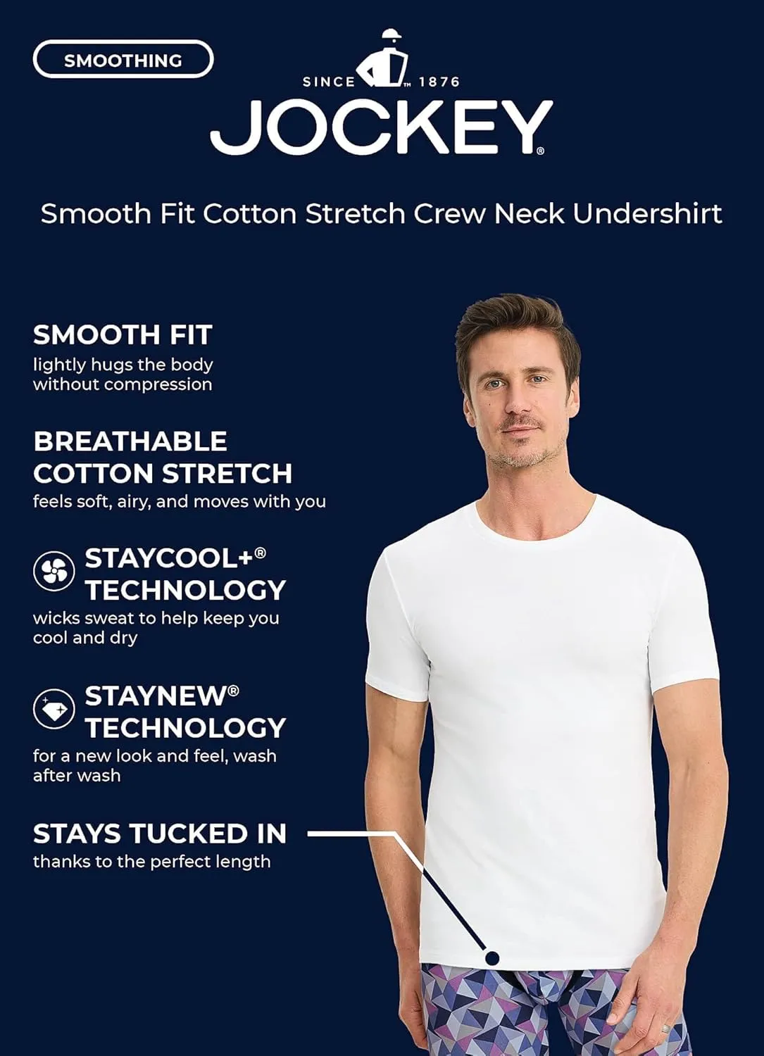 Jockey Men's Undershirt Smooth Fit Cotton Stretch Crew Neck Undershirt - 3 Pack