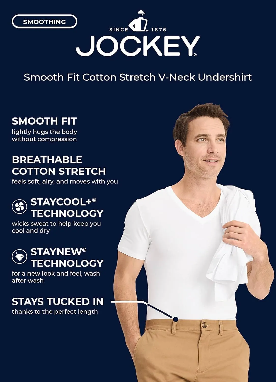 Jockey Men's Undershirt Smooth Fit Cotton Stretch V-Neck Undershirt - 3 Pack
