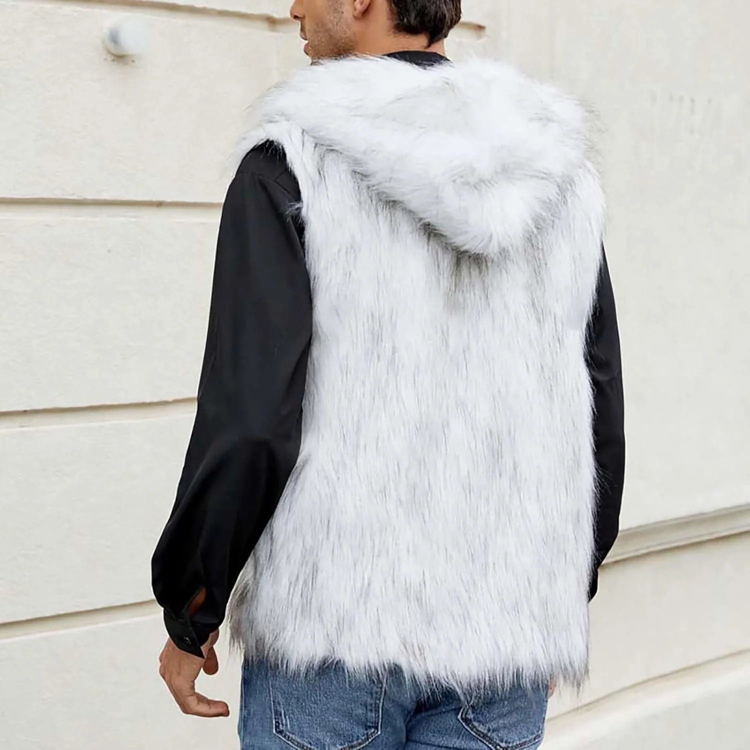 jsaierl Faux Fur Gilet Men Luxury Faux Fur Hoodie Coats Sleeveless Thick Jacket Soft Warm Fluffy Waistcoats Vest with Hood