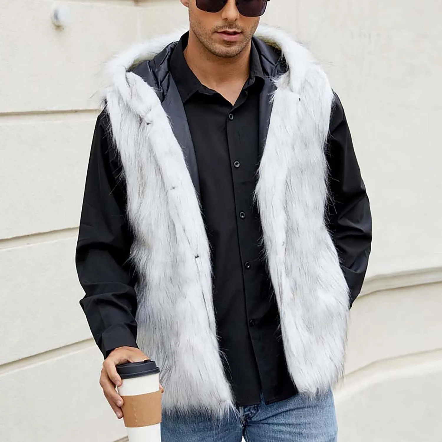 jsaierl Faux Fur Gilet Men Luxury Faux Fur Hoodie Coats Sleeveless Thick Jacket Soft Warm Fluffy Waistcoats Vest with Hood