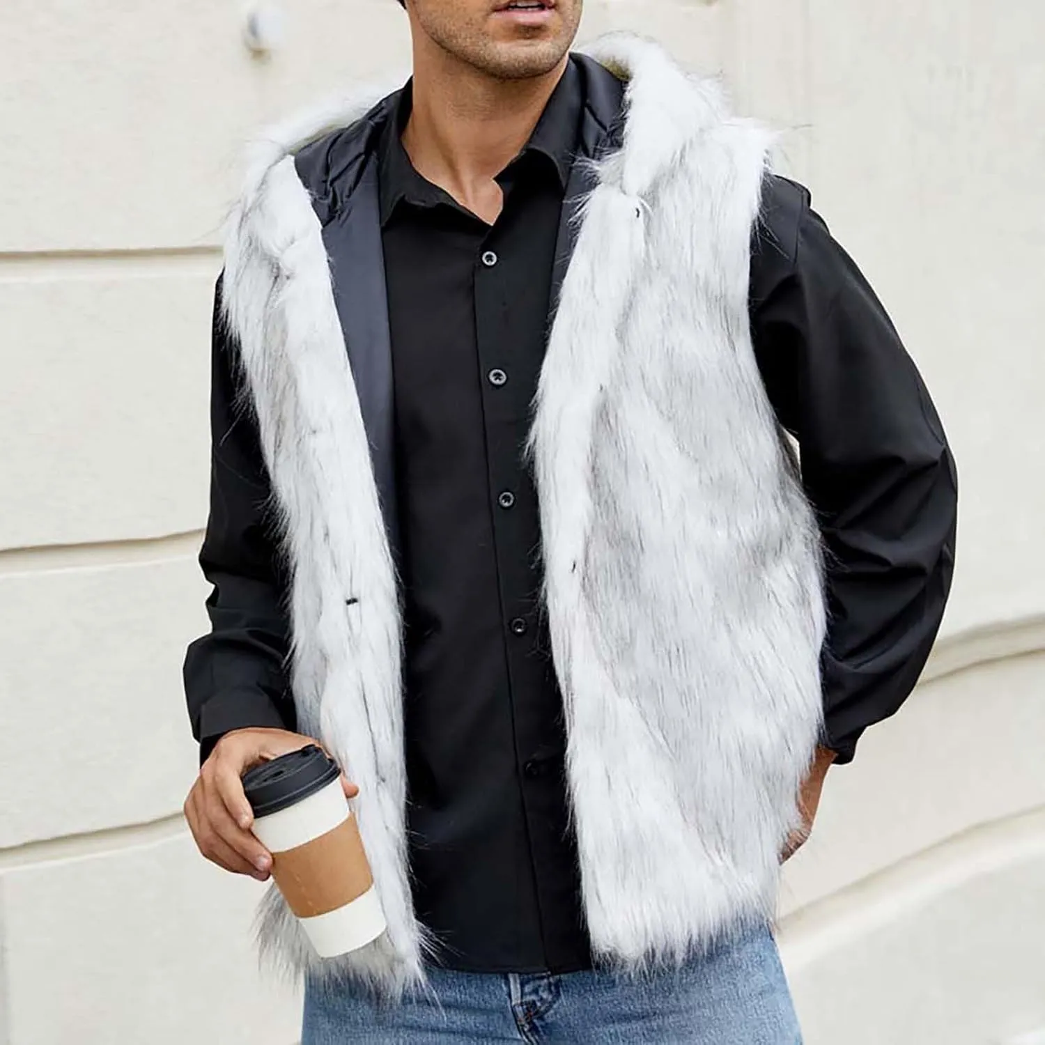 jsaierl Faux Fur Gilet Men Luxury Faux Fur Hoodie Coats Sleeveless Thick Jacket Soft Warm Fluffy Waistcoats Vest with Hood