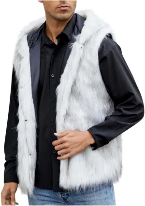 jsaierl Faux Fur Gilet Men Luxury Faux Fur Hoodie Coats Sleeveless Thick Jacket Soft Warm Fluffy Waistcoats Vest with Hood