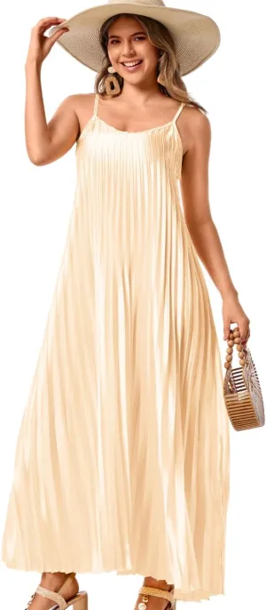 Kaei&Shi Satin Pleated Dress,Spaghetti Strap Flowy Long Sundress for Women,Classy Beach Wedding Guest Dresses Cocktail Party