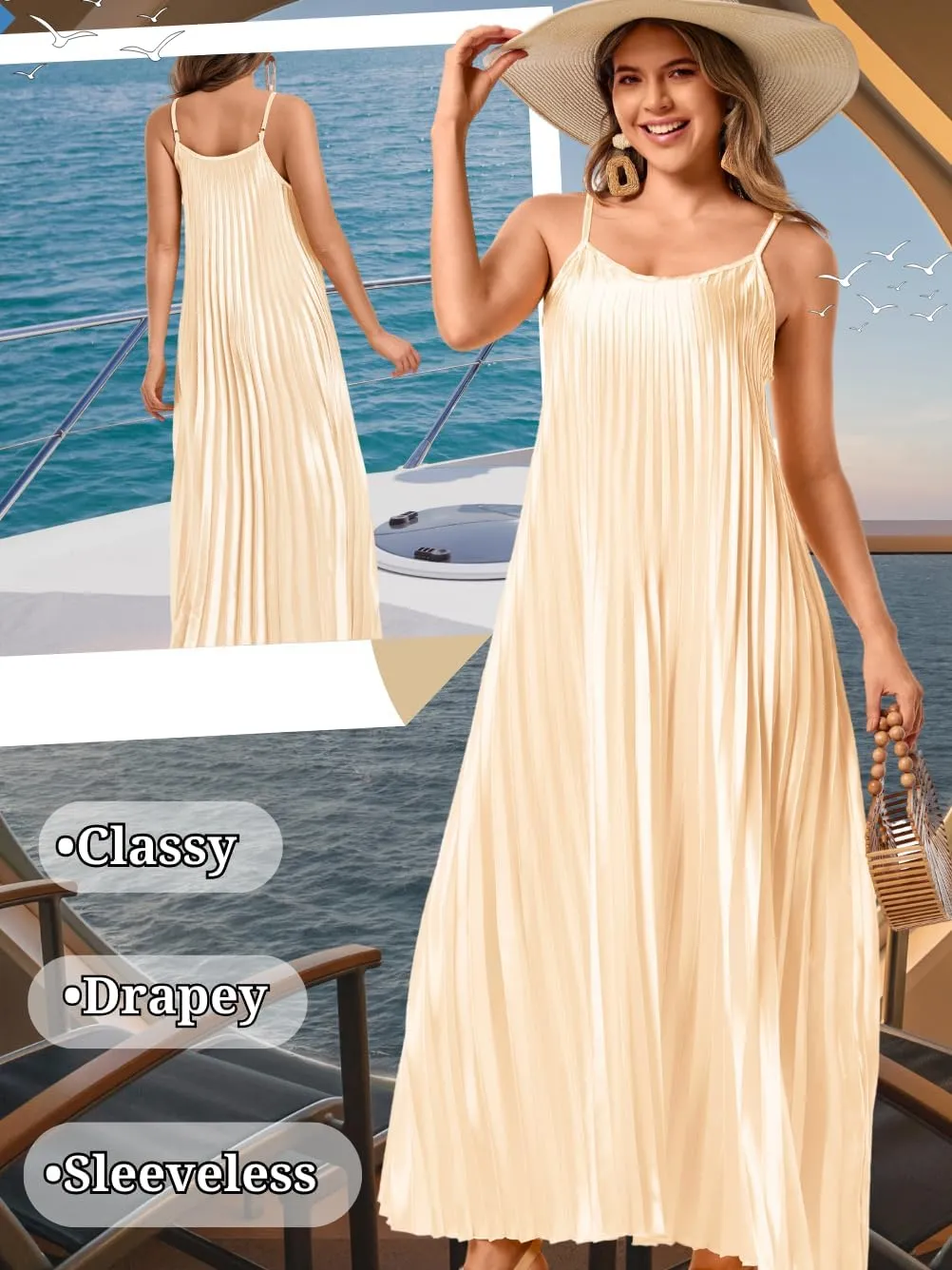 Kaei&Shi Satin Pleated Dress,Spaghetti Strap Flowy Long Sundress for Women,Classy Beach Wedding Guest Dresses Cocktail Party