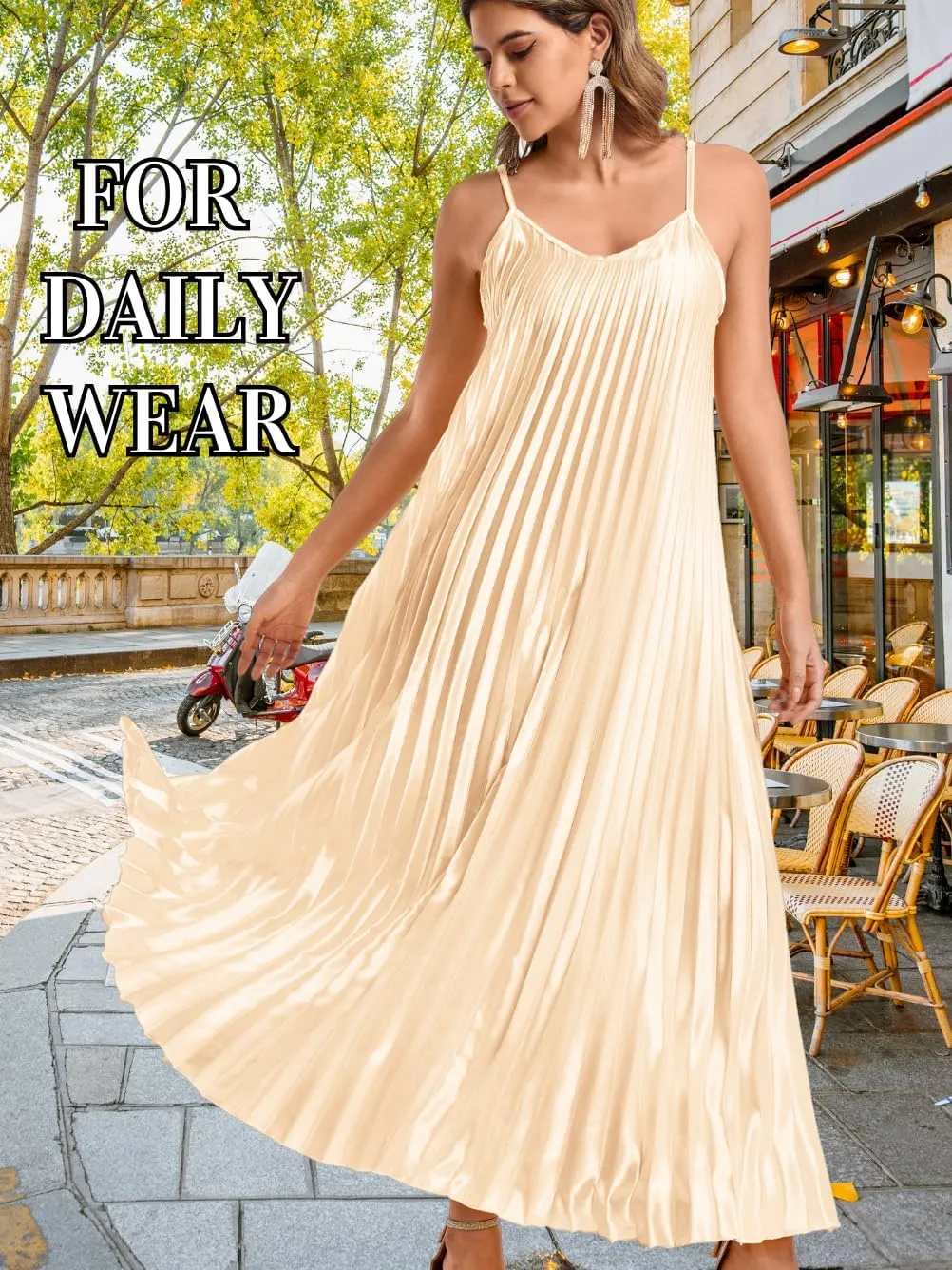 Kaei&Shi Satin Pleated Dress,Spaghetti Strap Flowy Long Sundress for Women,Classy Beach Wedding Guest Dresses Cocktail Party