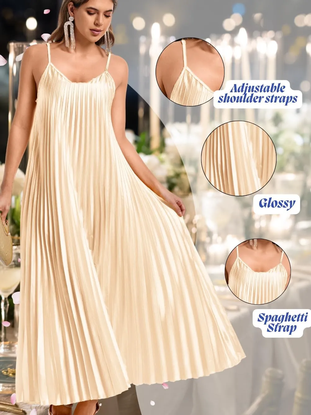 Kaei&Shi Satin Pleated Dress,Spaghetti Strap Flowy Long Sundress for Women,Classy Beach Wedding Guest Dresses Cocktail Party