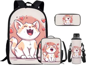Kawaii Cat Bookbag and Lunch Box Set for Boys 17 Inch Preppy Backpacks for Teen Girls Pencil Case Kids Insulated Water Bottle Carrier 4 Piece Large Easy Clean Lightweight Middle School