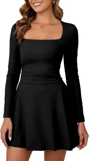 Kaximil Women's Square Neck Long Sleeve Mini Dress Ruffle Hem Corset Short Party Club Dresses