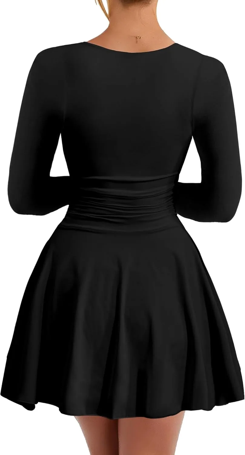 Kaximil Women's Square Neck Long Sleeve Mini Dress Ruffle Hem Corset Short Party Club Dresses