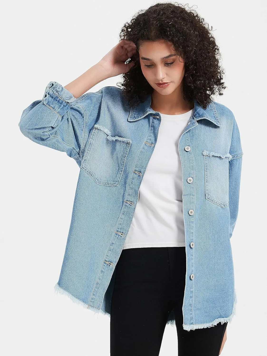 Kedera Women's Oversized Denim Jacket Casual Long Boyfriend Distresse Jean Shacket Jacket with Pockets