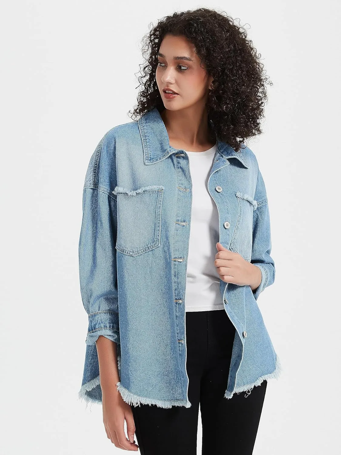 Kedera Women's Oversized Denim Jacket Casual Long Boyfriend Distresse Jean Shacket Jacket with Pockets