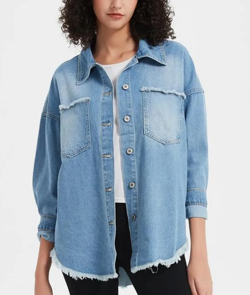 Kedera Women's Oversized Denim Jacket Casual Long Boyfriend Distresse Jean Shacket Jacket with Pockets